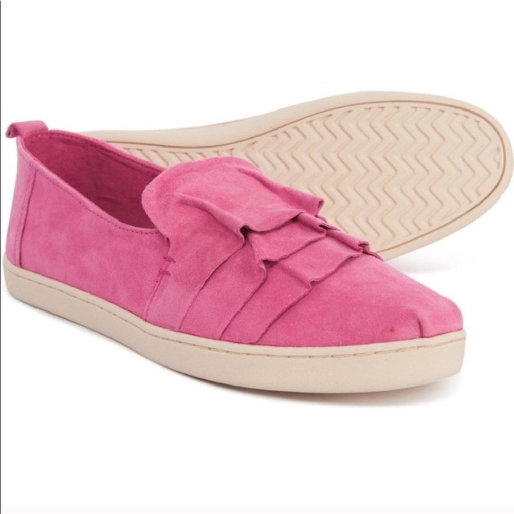 TOMS Suede Ruffle Deconstructed Pink Slip on Shoe